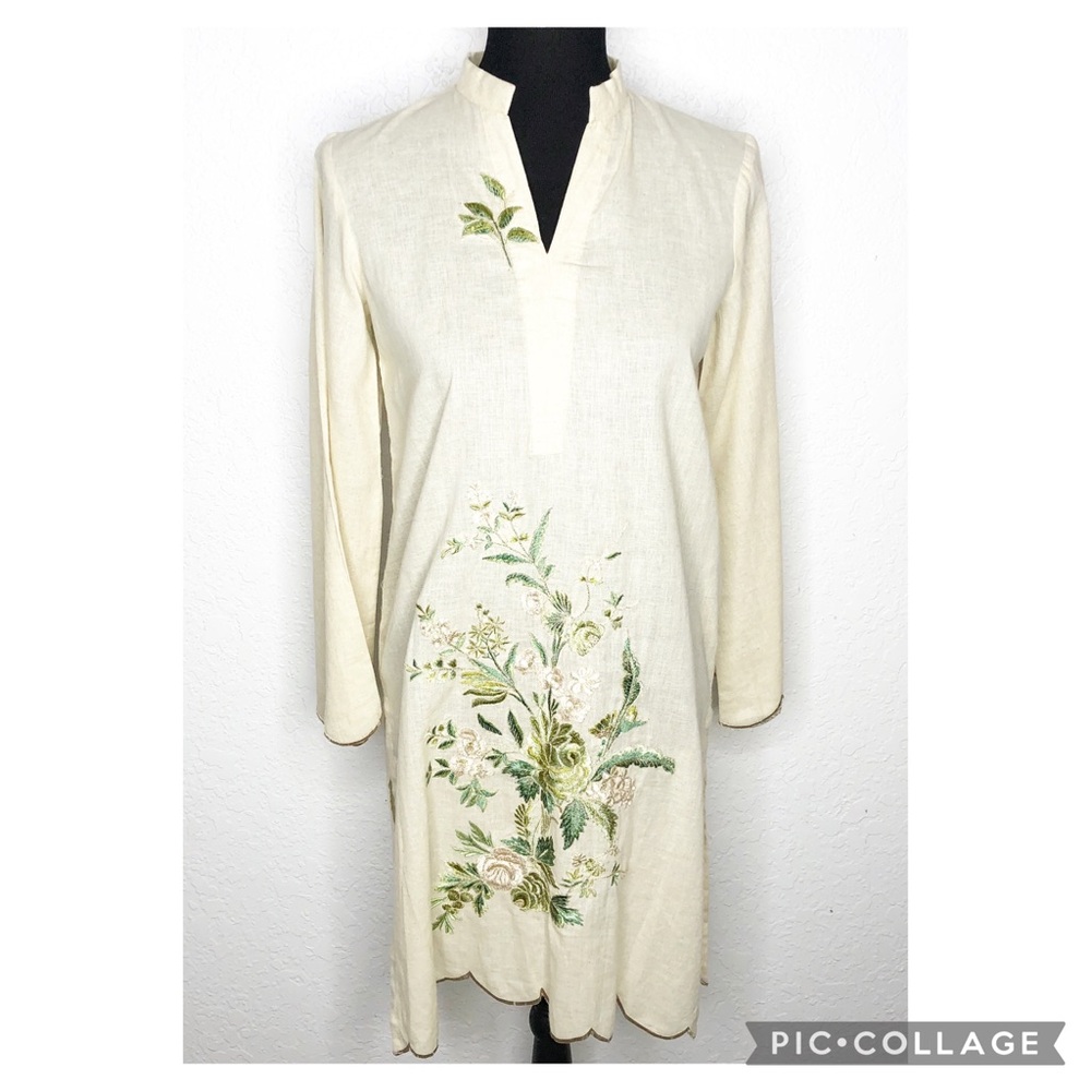 Sara Safinaz cream tan green floral embroidered‎ cotton v neck tunic Small NWT
